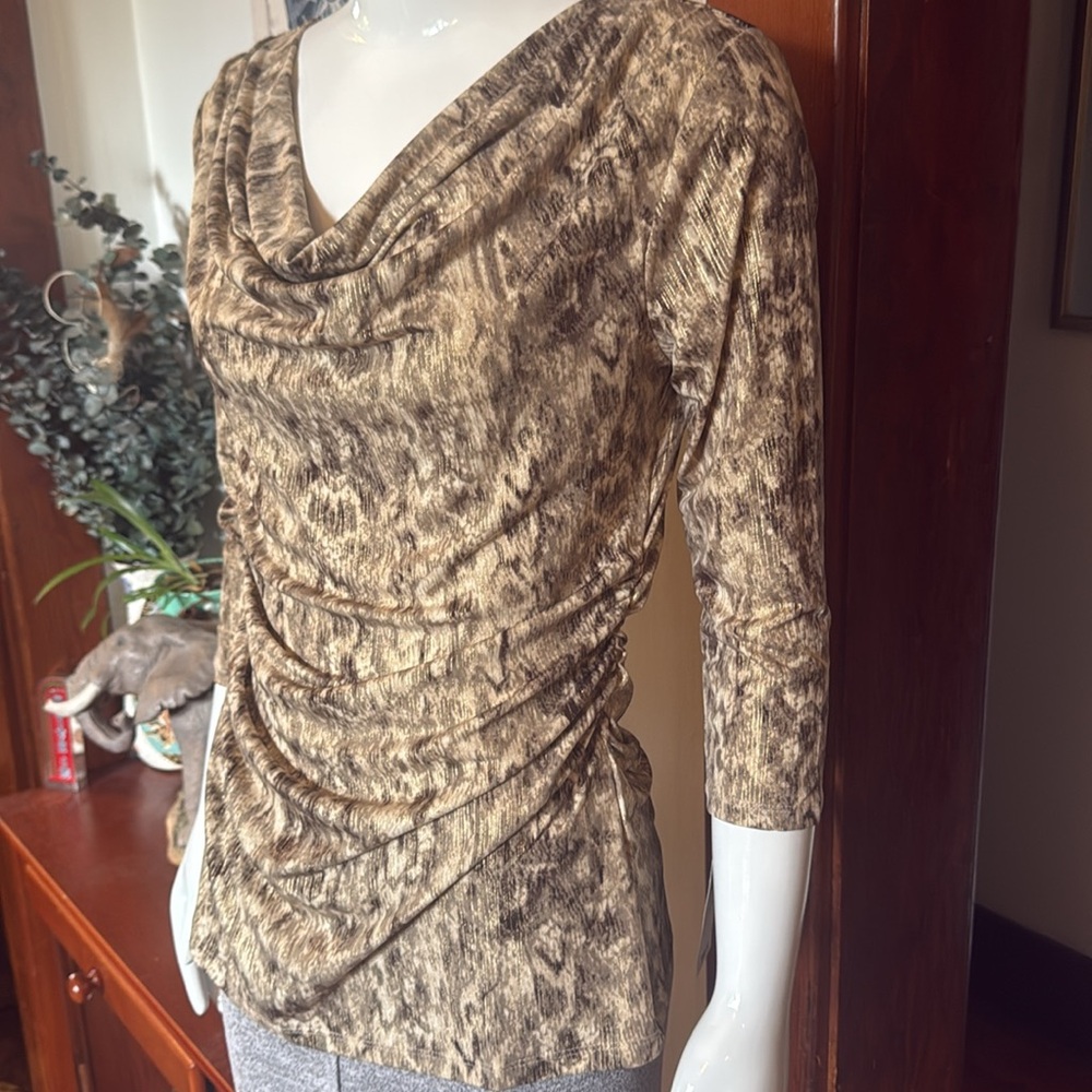 NWT Style&Co size small Elegant Brown Ruched Women's Top gold shimmery